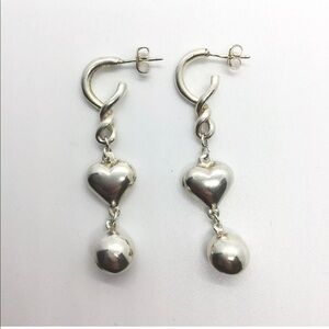 PUFFED 3D HEART & BALL STERLING SILVER DANGLE EARRINGS
